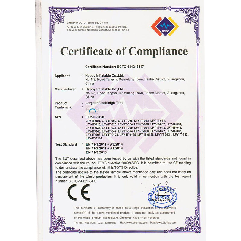 Certificado EN71 para barraca inflável